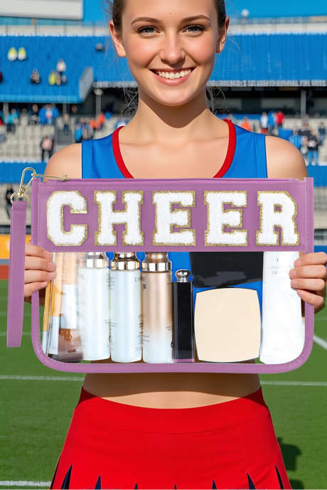 Bolsa de maquillaje transparente con diseño de chenilla y letras de cuero sintético con diseño de patchwork de Wisteria CHEER