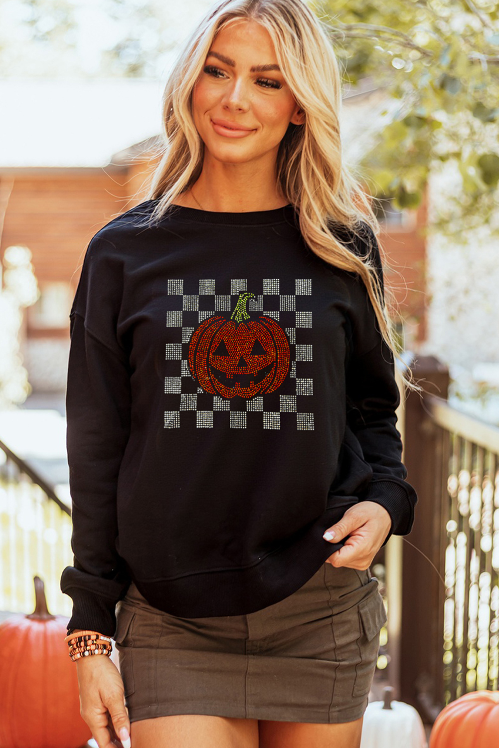 $8.8 Black Rhinestone Jack-o-lantern Checkered Graphic