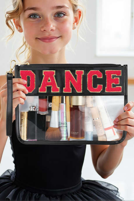 Bolsa de maquillaje transparente de cuero sintético con diseño de chenilla y letras DANCE en color negro