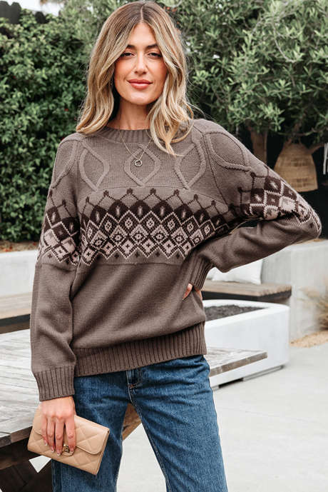 Hellbeige Strickpullover mit Rundhalsausschnitt und geometrischem Westernmuster in Französisch-Beige LC2726654-P4016
