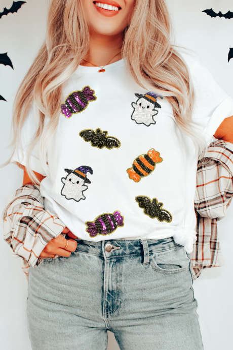 Tricou casual personalizat, alb, cu paiete, model Halloween Spirit
