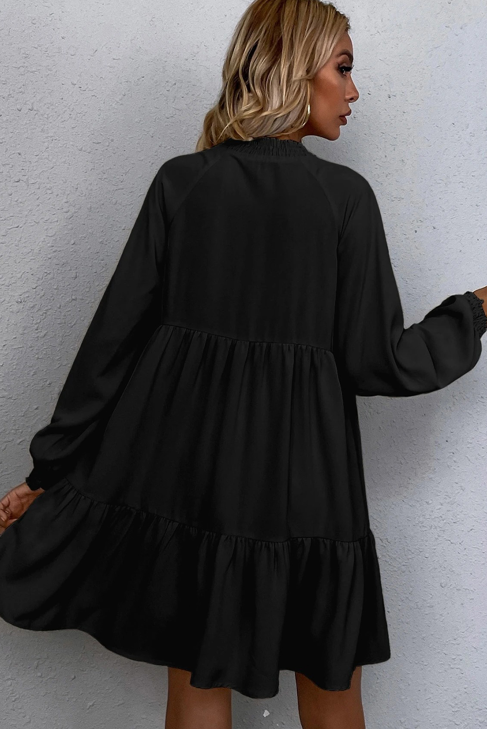Pattern For Ruffle Loose Dress $10.73 Black Tie Split Neck Smocked Detail Long Puff Sleeve Ruffle Hem ...