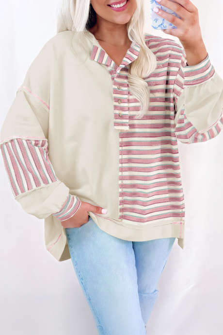 Top extragrande con diseño de patchwork, bloques de color y detalle de costuras de rayas rosas