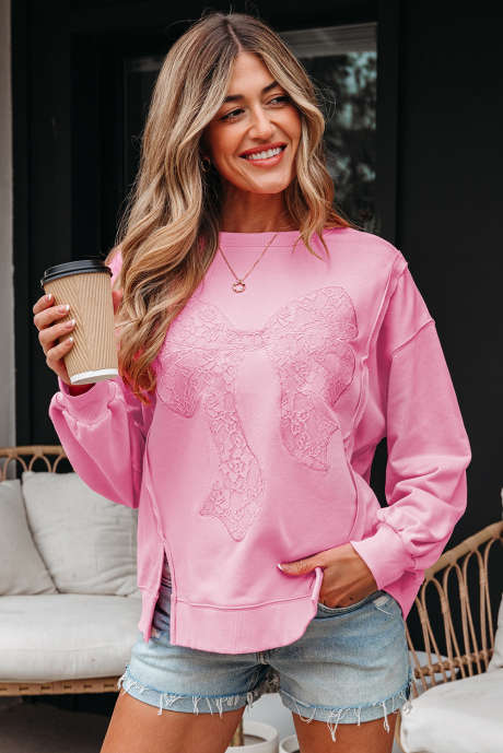 ボンボンレースインサートボウ刺繍エクスポーズドシームスウェットシャツ
