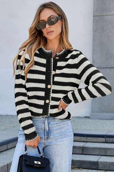 White Stripe Chic Golden Button Cardigan Sweater LC2711647-P119