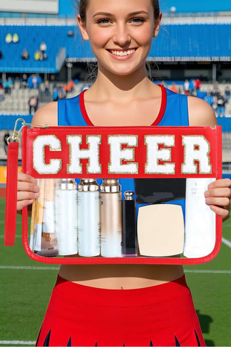 Bolsa de maquiagem transparente com letras em chenille e patchwork em couro sintético vermelho fogo CHEER