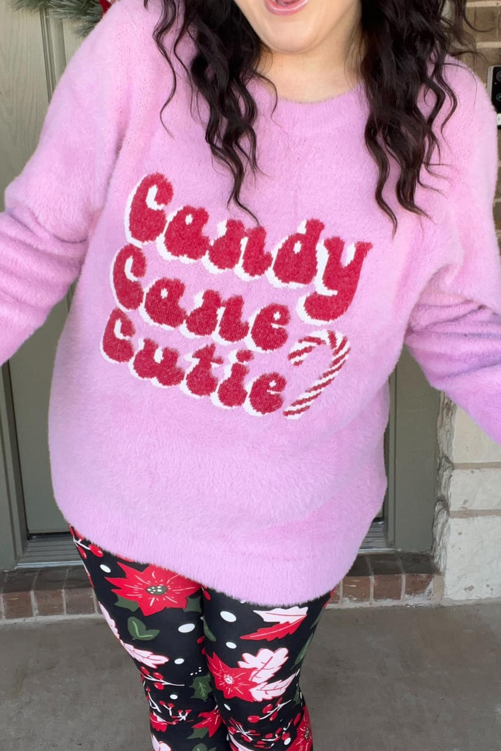 Pink Candycane Snowflake Checker Christmas Holiday Drop Shoulder Tunic Loose Sweater