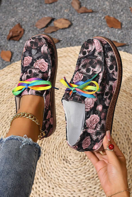 Bonbon Gothic Halloween Print Lace-up Detail Flat Shoes