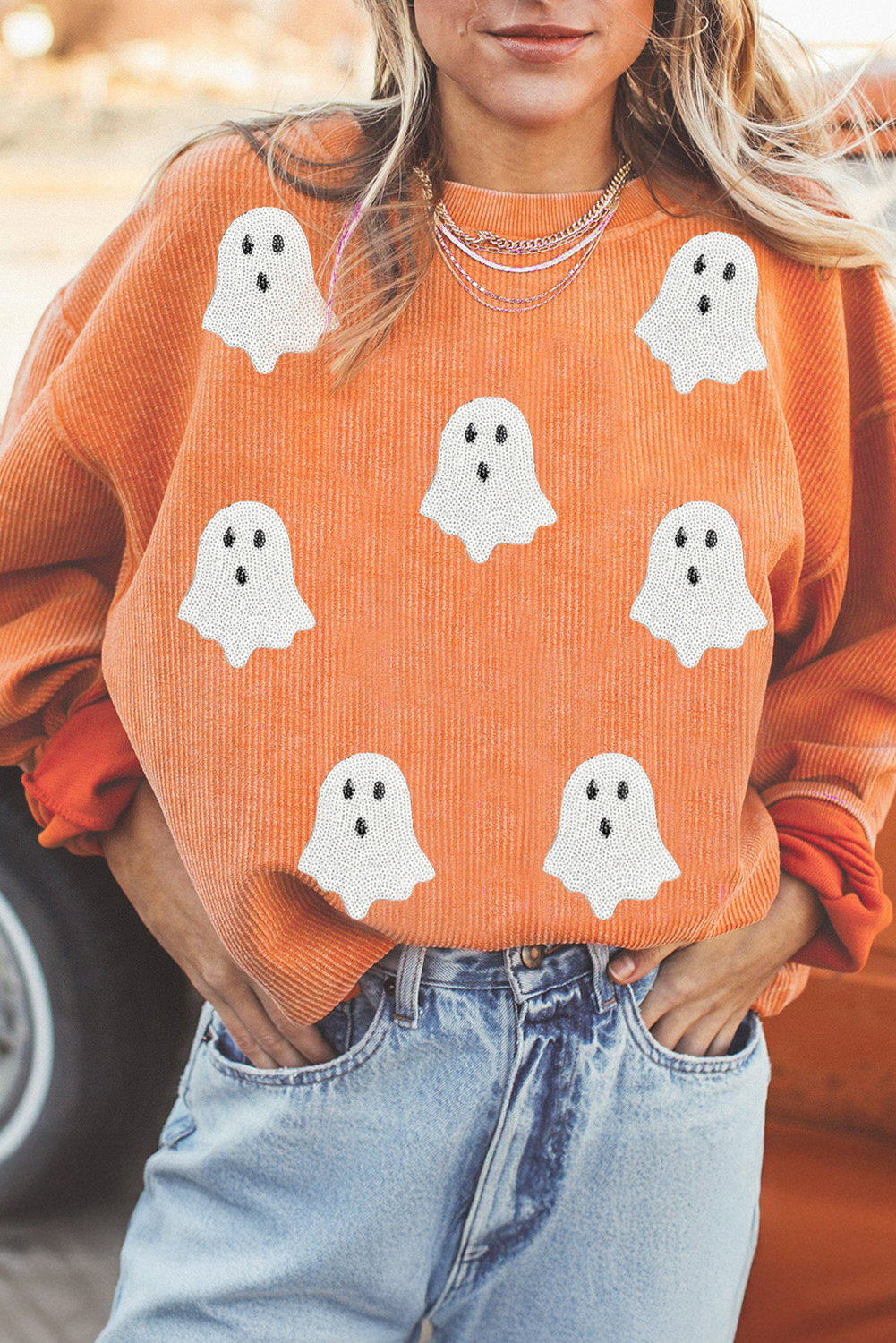♡ L ♡ $8.65 Orange Twisted Ribbed Texture Halloween Ghost Sequin