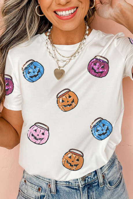 Tricou alb cu guler rotund și paiete, model festiv, cu imprimeu de dovleac