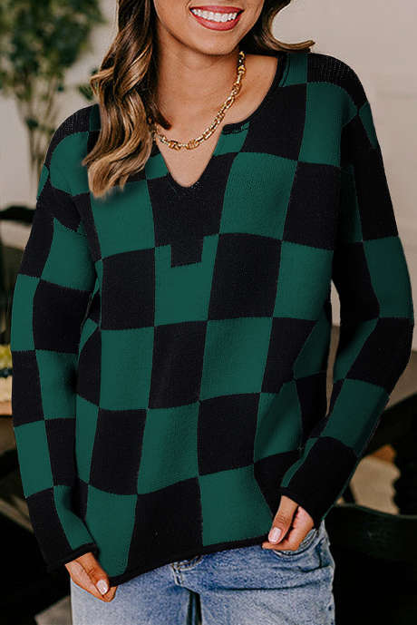 Grün karierter Strickpullover mit eingekerbtem Ausschnitt und überschnittener Schulter LC2726849-P922
