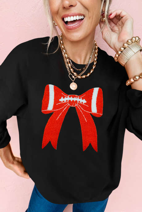 Black Game Day Chenille Bow Patched Drop Shoulder Sweatshirt