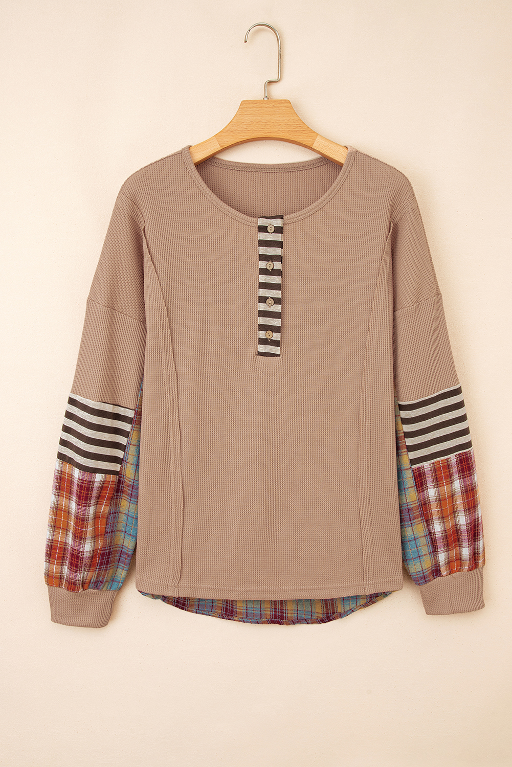Straw Yellow Waffle Texture Striped Patchwork Button Neck Drawstring Hoodie