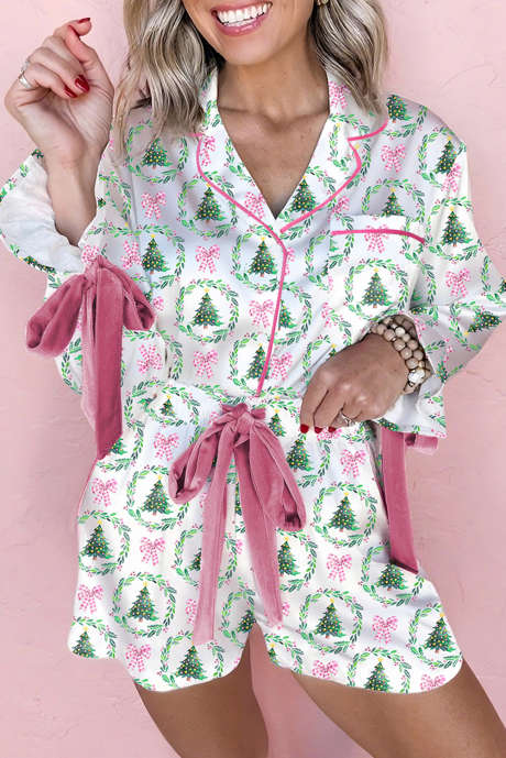 Pigiama corto da 2 pezzi con fiocco in velluto e stampa natalizia verde
