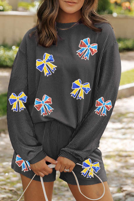 Uhlíkově šedý barevný top s dlouhým rukávem, flitrovanou mašlí a nášivkou, žebrovaný outfit 2 ks LC628314-P4011