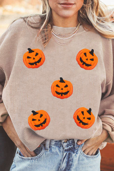 Apricot Twisted Rib Texture Chenille Halloween Pumpkin Patched Drop Shoulder Sweatshirt