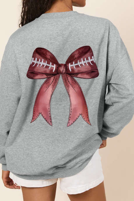 Gray Football Bow Print Drop Shoulder Pullover Sweatshirt