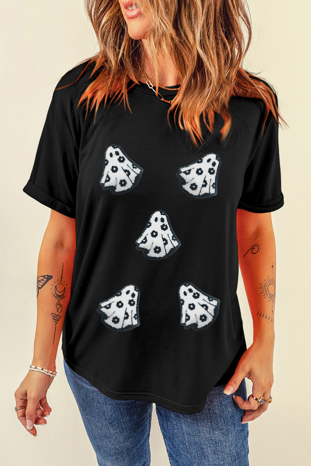 $6.5 Black Playful Ghost Patched Cotton Blend T Shirt Wholesale