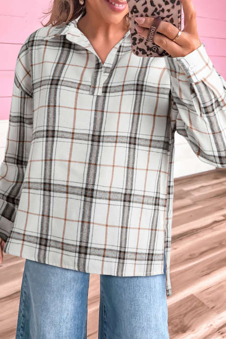 Blusa holgada con cuello en V y estampado de cuadros blancos con aberturas laterales LC25129475-P122