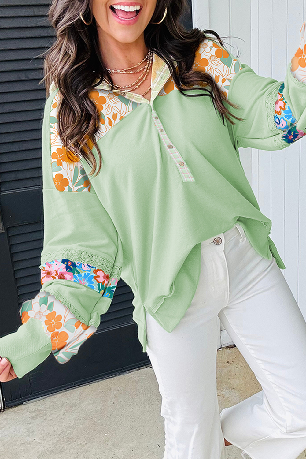 $12.02 Clearly Aqua Lace Floral Patchwork Half Button Hooded