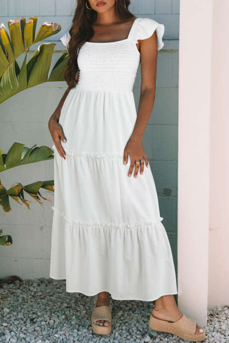 فستان أبيض متوسط ​​الطول قابل للتخصيص برقبة مربعة وأكمام منفوخة وصدرية