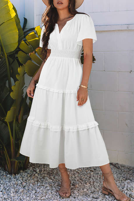 فستان أبيض قابل للتخصيص بأكمام قصيرة وأزرار وصدرية عالية الخصر