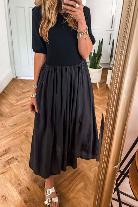 ブラック 半袖 ニットトップ パッチワーク プリーツ ロングドレス