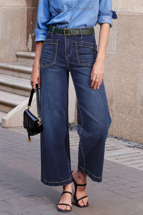 Vaqueros rectos minimalistas con bolsillo de parche para mujer, color azul marino, LC7875285-P905