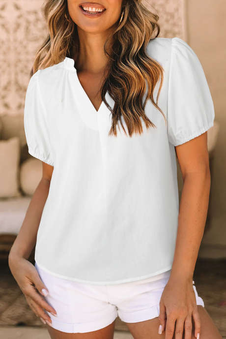 بلوزة بيضاء قابلة للتخصيص بطبعة زهور وفتحة رقبة وأكمام قصيرة منفوخة