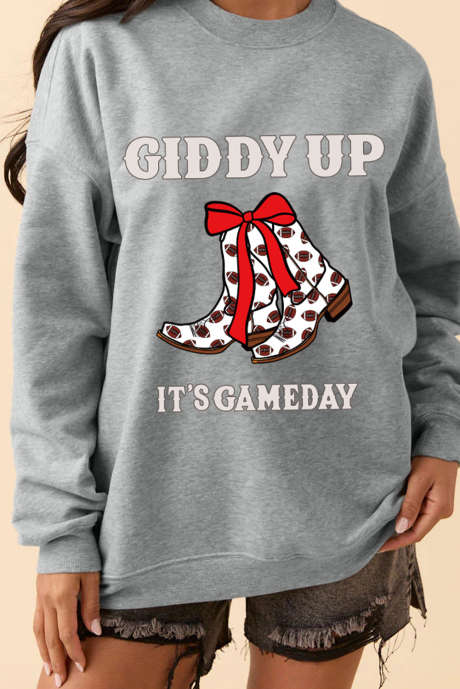 Gray GIDDY UP ITS GAME DAY Cowgirl Boots Graphic Sweatshirt