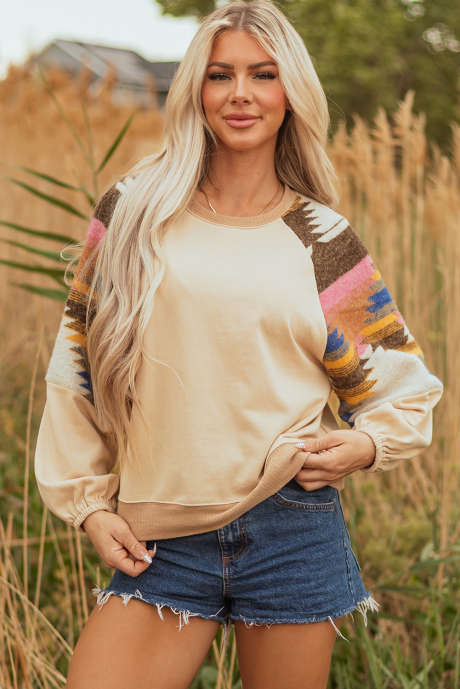 Licht Frans beige Azteekse patchwork raglan pullover sweatshirt