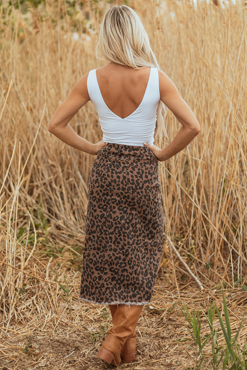 $10.58 Brown Leopard Denim Frayed Split Denim Midi Skirt