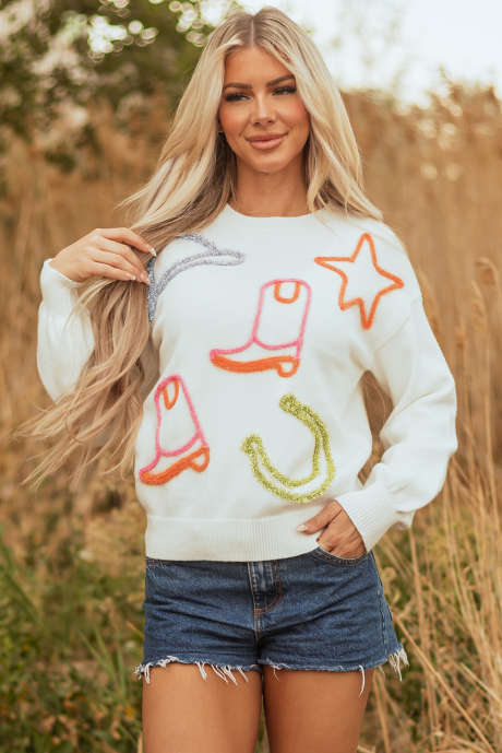 Suéter de cuello redondo de punto con botas vaqueras blancas y estrellas de herradura LC2726492-P1