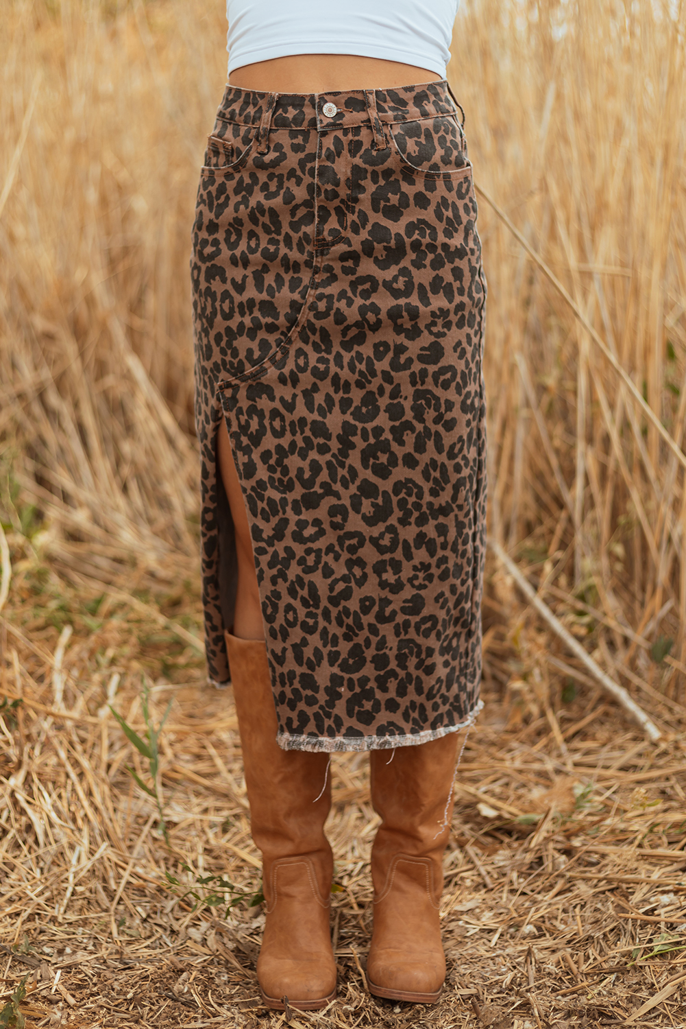 $10.58 Brown Leopard Denim Frayed Split Denim Midi Skirt