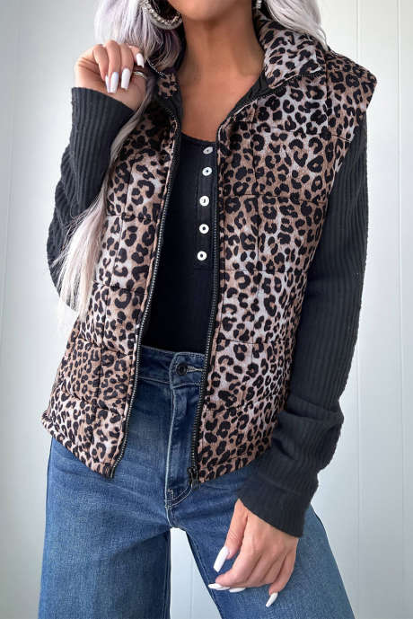 Gilet casual trapuntato leopardato marrone con cerniera completa