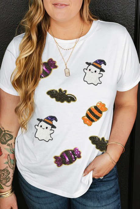 T-shirt blanc grande taille à paillettes et motifs mignons pour Halloween