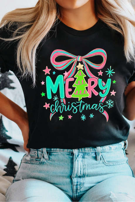 ブラック メリークリスマス 鮮やかなリボンプリントTシャツ
