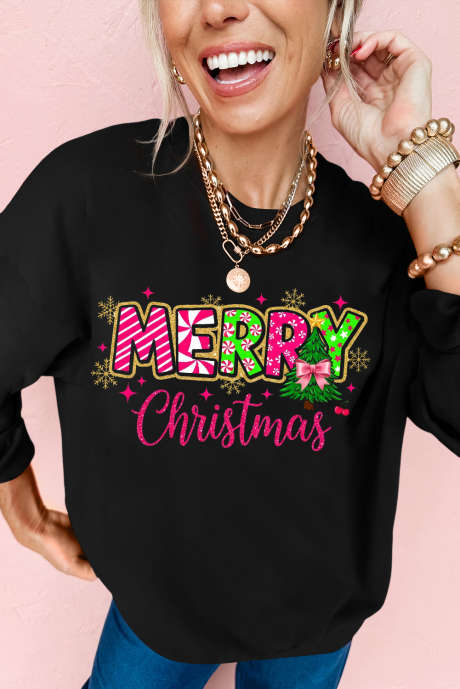 Sweat-shirt noir à épaules tombantes et imprimé lettres ludiques « MERRY Christmas »
