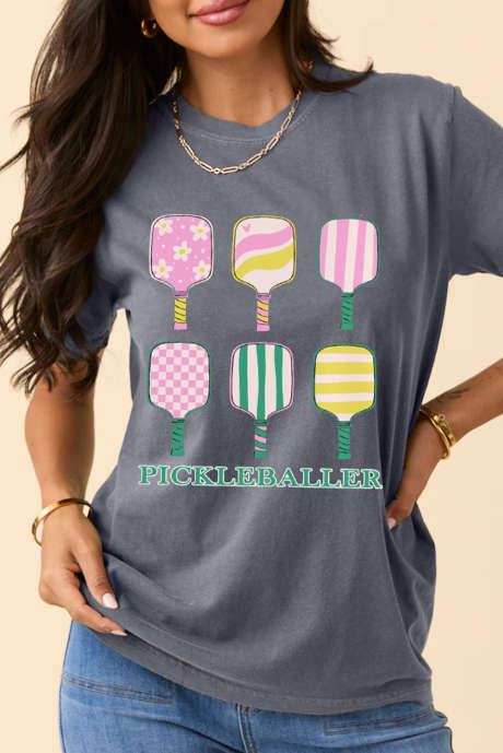 Grijs PICKLEBALLER Speelse Vleermuizen Gedrukt Casual T-shirt