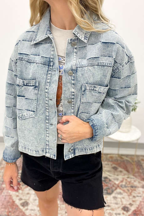 Veste décontractée en denim bleu à carreaux pour femme