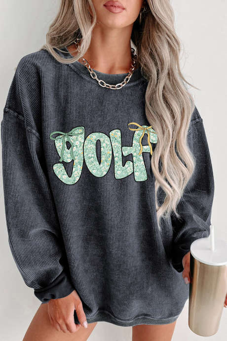 Gray Twisted Ribbed Floral GOLF Letter Bow Printed Sweatshirt