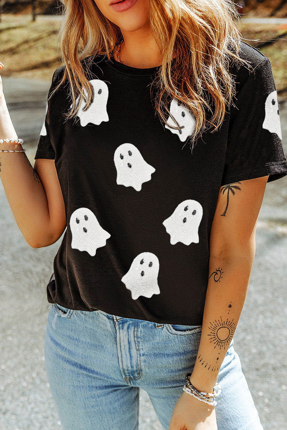 $7.45 Black Sequin Halloween Ghost Patched Casual T Shirt