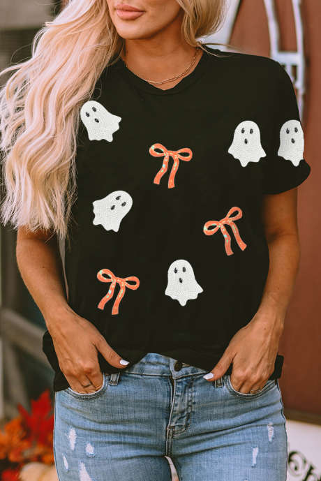 ブラックスパンコールボウゴーストパッチハロウィングラフィックTシャツ