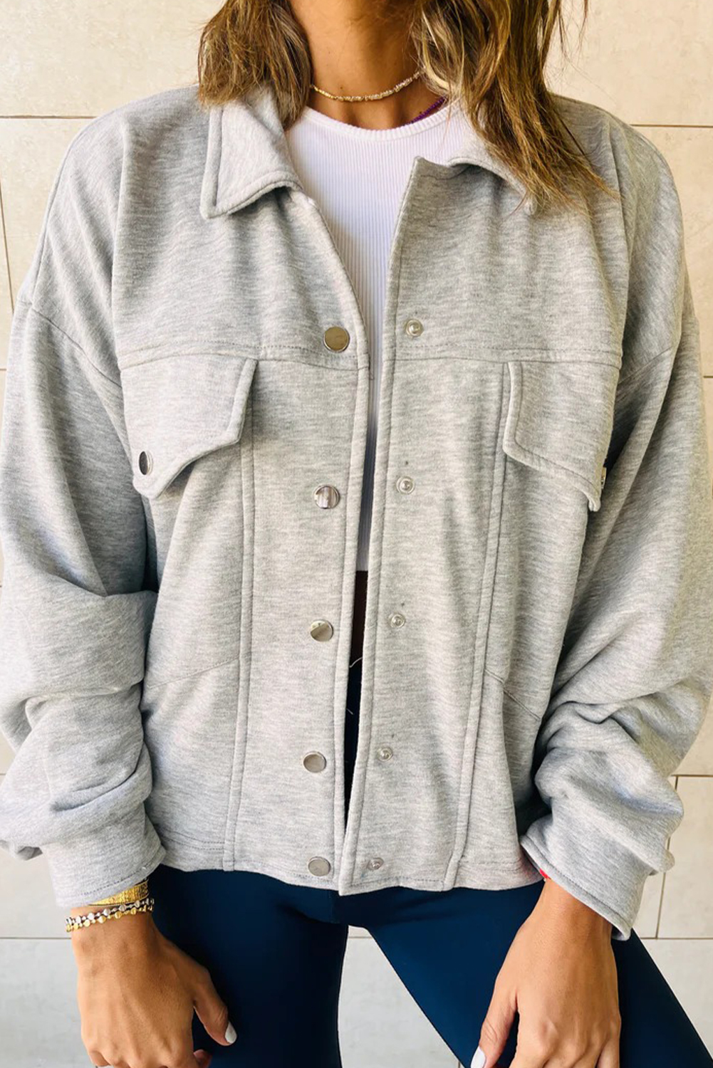 $10.88 Light Grey Chest Pocket Buttoned Front Solid Shacket Wholesale