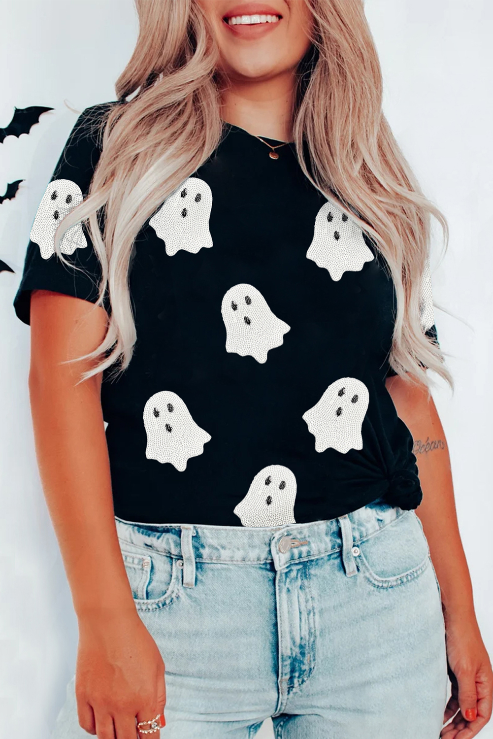 $7.45 Black Sequin Halloween Ghost Patched Casual T Shirt