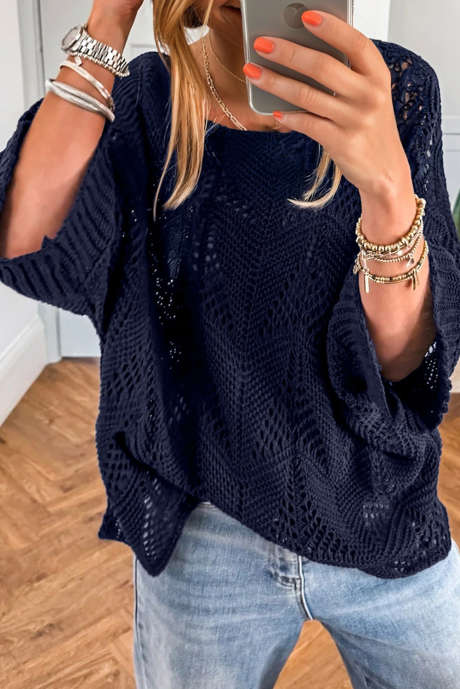 Pull décontracté bleu marine en maille ajourée à manches 7/8 LC2726502-P605