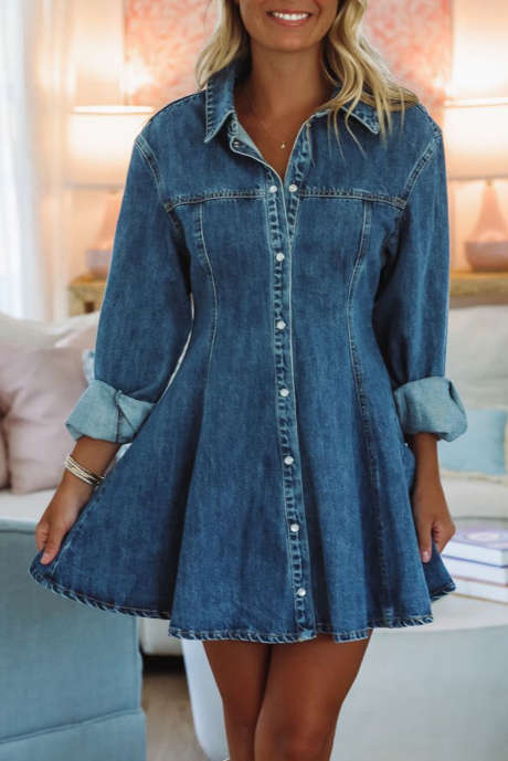 アシュレイ ブルー デニム シャツカラー ロングスリーブ フレア ミニドレス