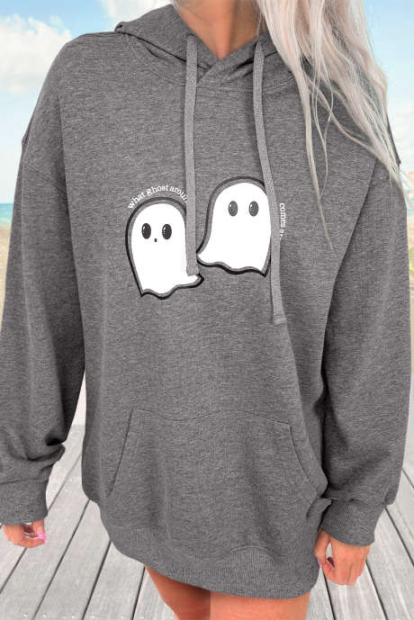 Dark Grey Cute Halloween Ghost Print Mineral Wash Oversize Hoodie
