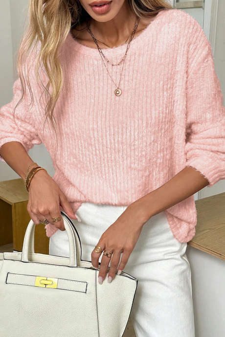 بلوزة وردية فاتحة ذات رقبة دائرية وأكمام طويلة ومزخرفة بنسيج مضلع LC25229717-P1010