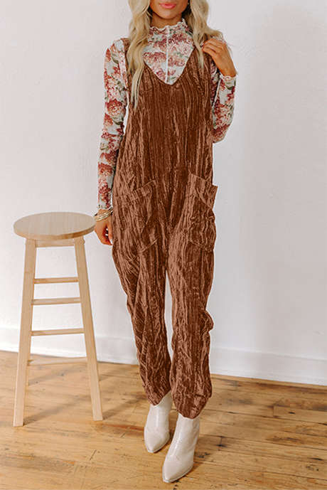 Combinaison sans manches en velours chicorée café, bretelles réglables, poches plaquées